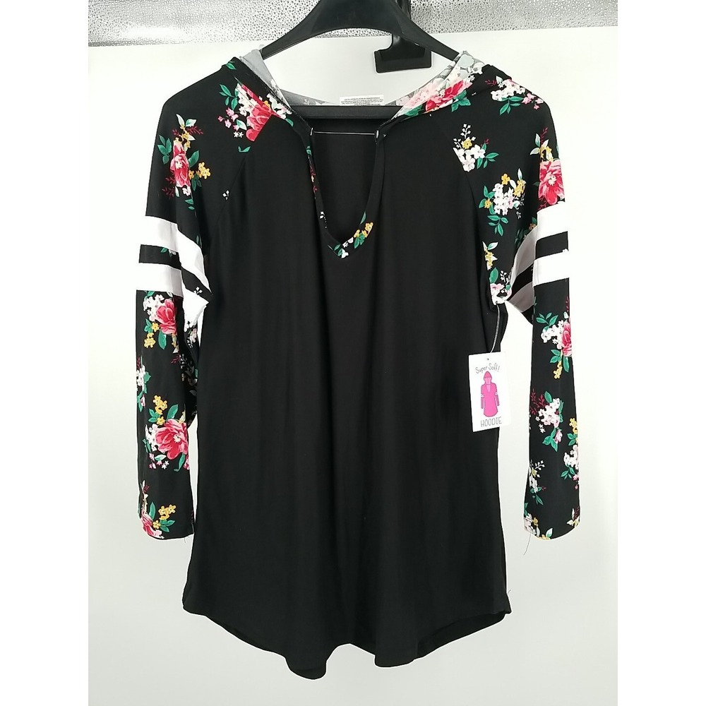 Bobbie Brooks Womens Black Floral Pullover Hoodie Jacket‎ Stretch L NWT